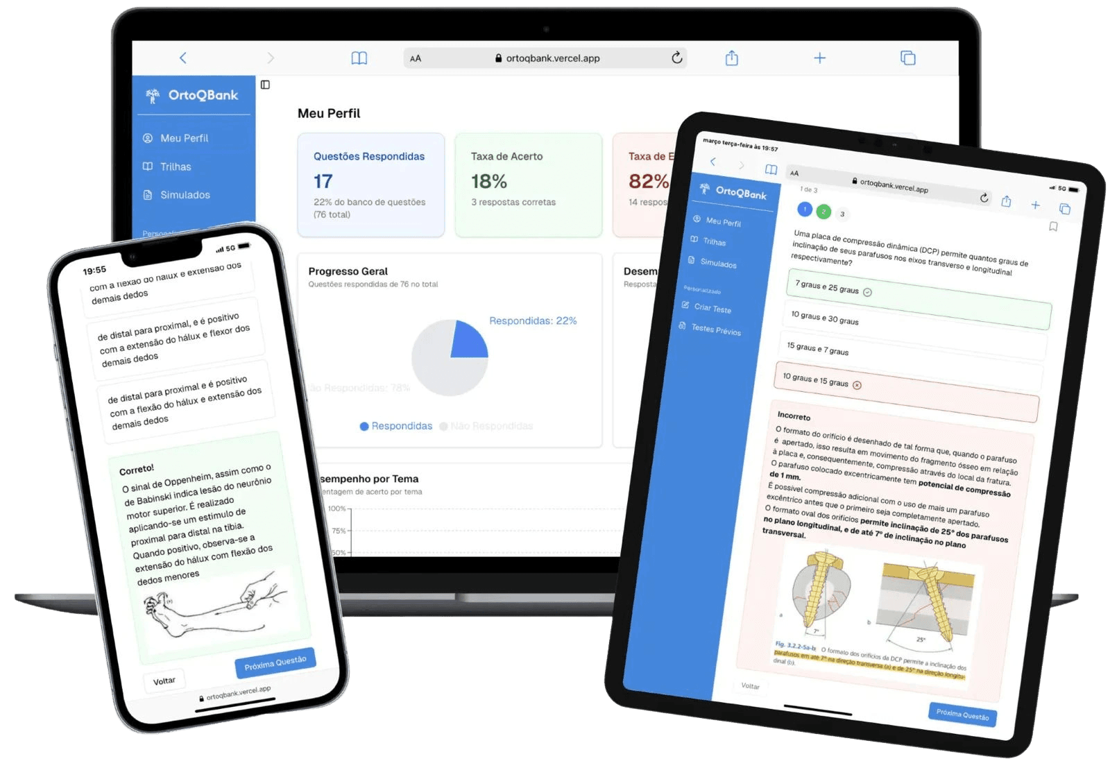 OrtoQBank plataforma em múltiplos dispositivos mostrando questões e estatísticas